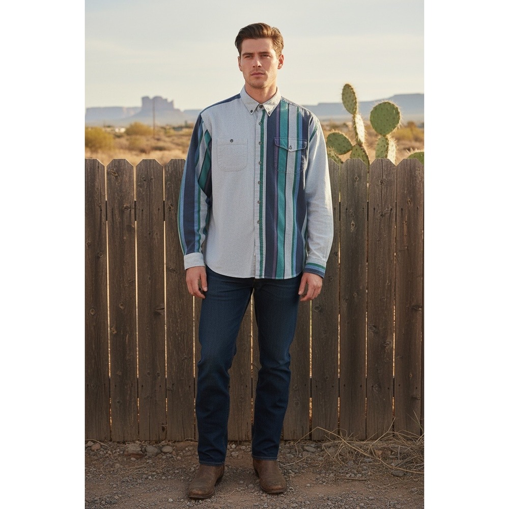 Vtg Panhandle Slim Brushpopper‎ Denim Stripe Western Shirt XL Streetwear Rodeo